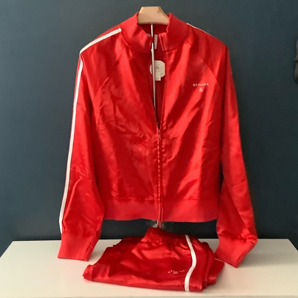 Red Satin Track-Style Varsity Jacket and matching pants with White Stripe Set